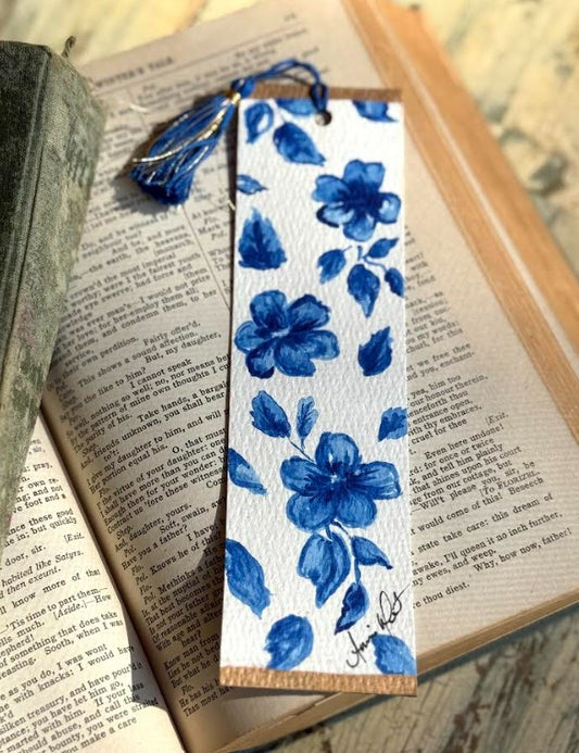 Hand-Painted Watercolor Bookmark, Blue & White China Pattern
