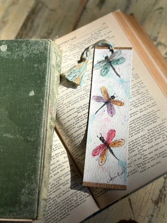 Hand-Painted Watercolor Bookmark, 3 Little Dragonflies