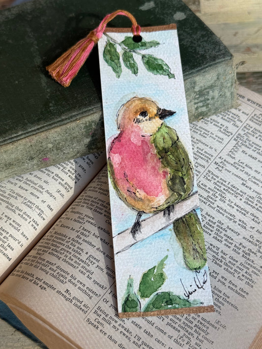 Hand-Painted Watercolor Bookmark, Little Pink Bird