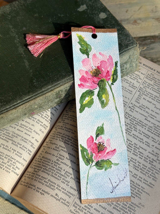 Hand-Painted Watercolor Bookmark, Fancy Pink Flowers