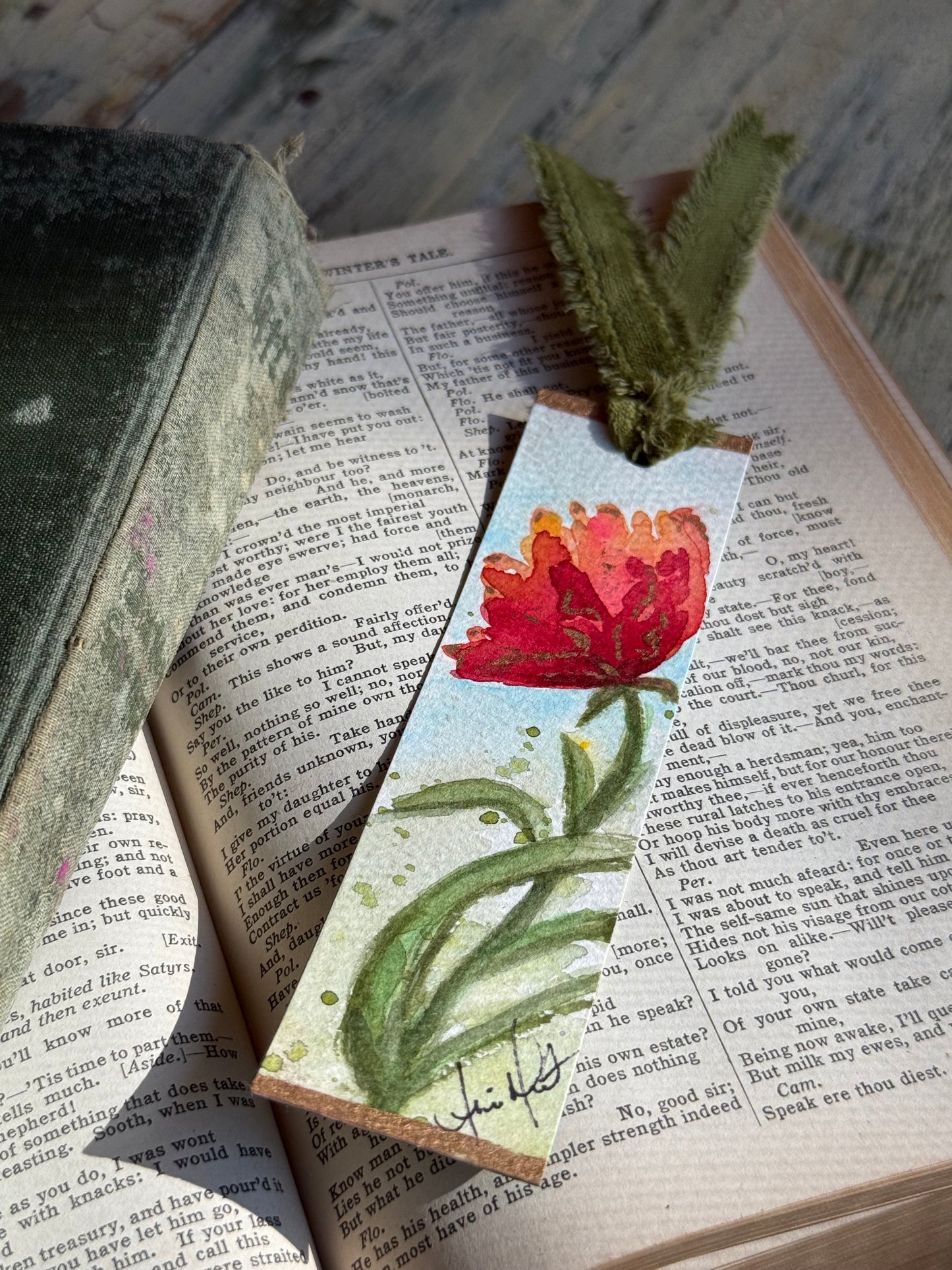 Hand-Painted Watercolor Bookmark, Pink Flower w/green ribbon