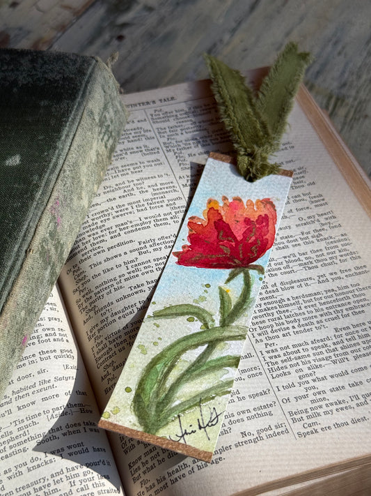 Hand-Painted Watercolor Bookmark, Pink Flower w/green ribbon
