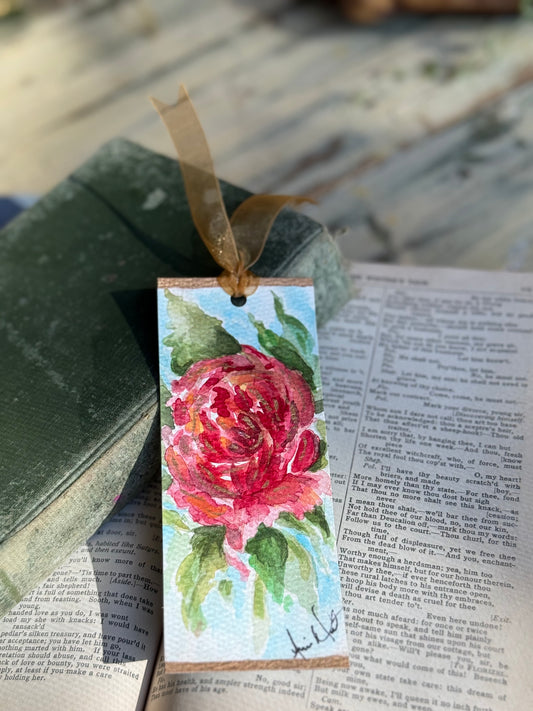 Hand-Painted Watercolor Bookmark, Pink Rose
