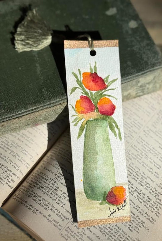 Hand-Painted Watercolor Bookmark, Orange Flowers in Green Vase