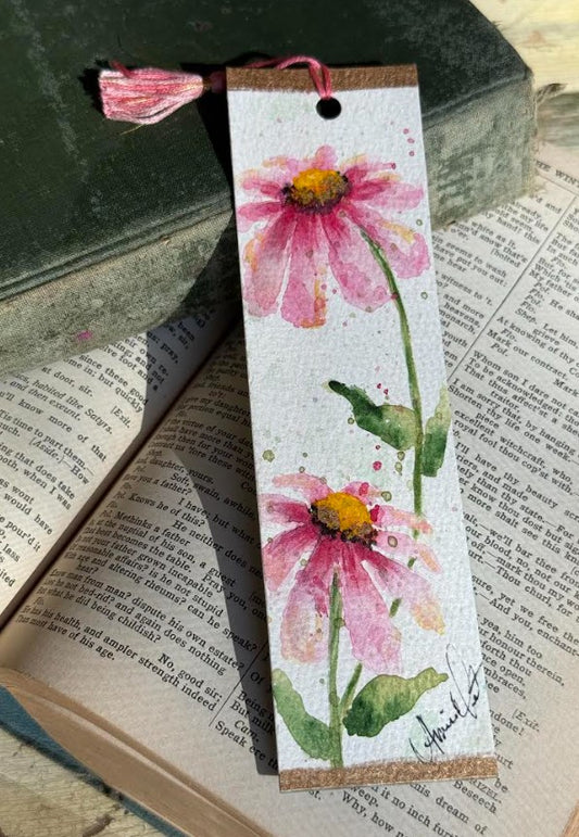 Hand-Painted Watercolor Bookmark, Pink flowers