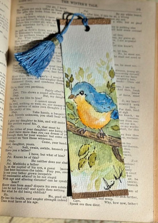 Hand-Painted Watercolor Bookmark, Blue & Yellow Bird