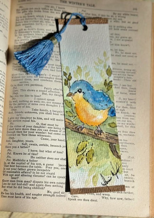 Hand-Painted Watercolor Bookmark, Blue & Yellow Bird