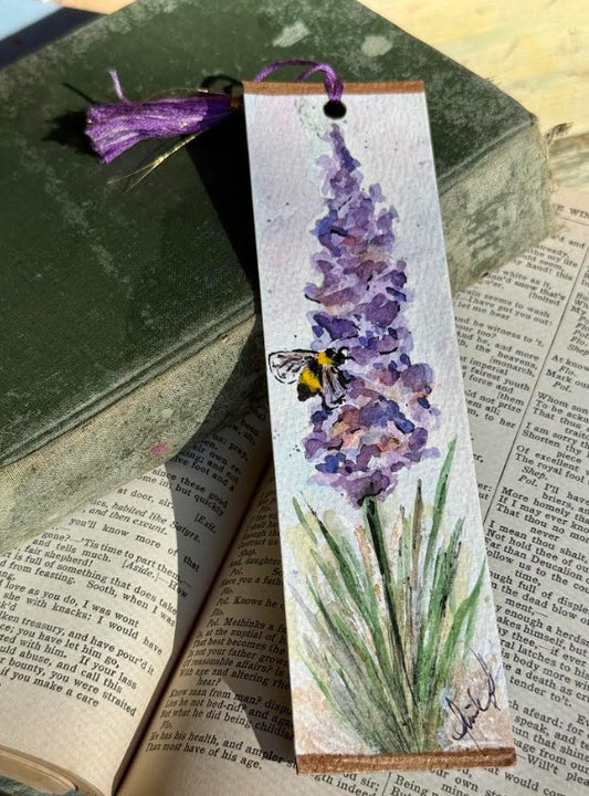Hand-Painted Watercolor Bookmark, Purple Flower w/Bee