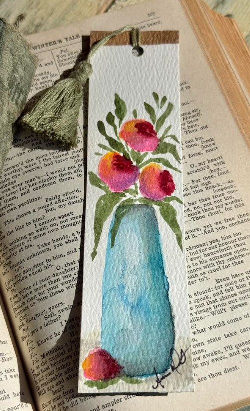Hand-Painted Watercolor Bookmark, Pink Flowers & Blue Vase