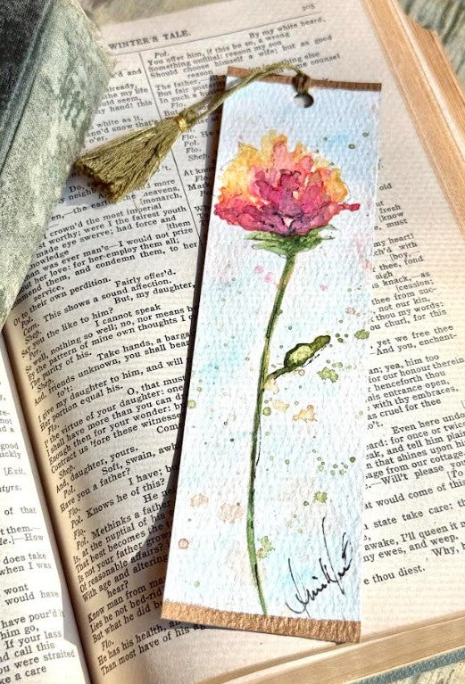Hand-Painted Watercolor Bookmark, Single Pink Flower